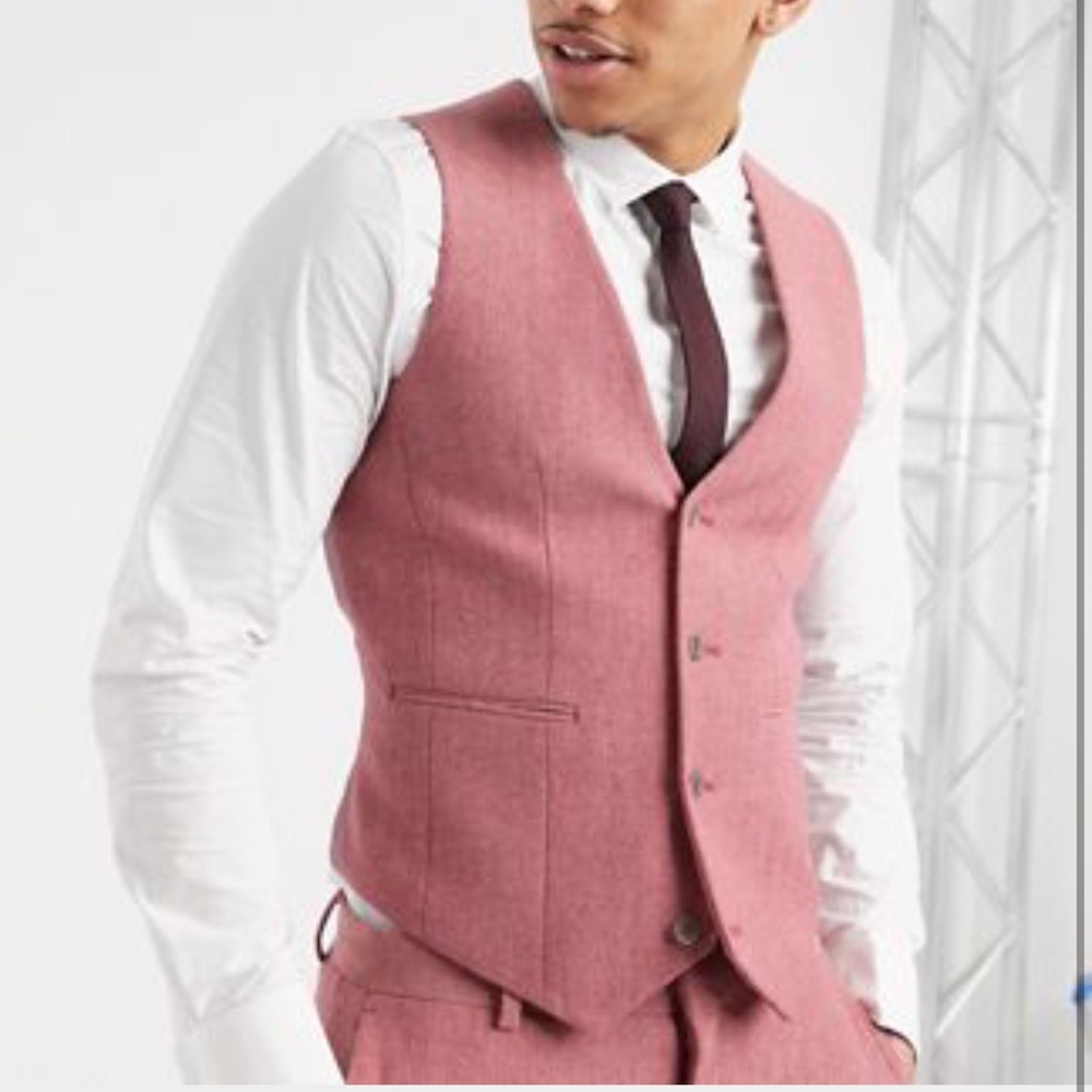 Wedding slim suit vest in crosshatch rose pink